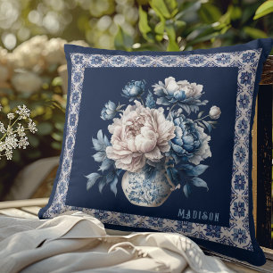 Elegant Blue Chinoiserie Floral Monogram Cushion