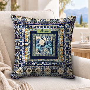 Elegant Blue Chinoiserie Floral Monogram Cushion