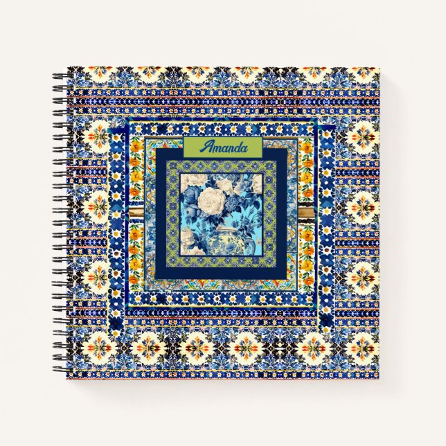 Elegant Blue Chinoiserie Floral Monogram Notebook (Front)