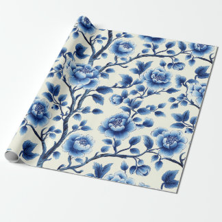 Elegant Blue Chinoiserie Floral Pattern Design Wrapping Paper