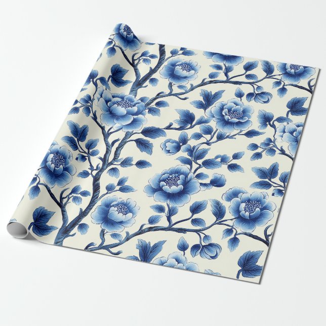 Elegant Blue Chinoiserie Floral Pattern Design Wrapping Paper (Unrolled)