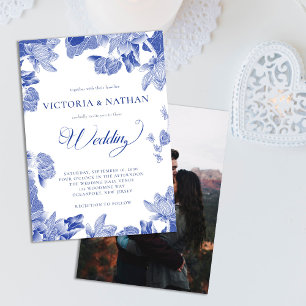 Elegant Blue Chinoiserie Floral Photo Wedding Invitation