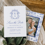 Elegant Blue Chinoiserie Floral Photo Wedding Save The Date<br><div class="desc">Announce your upcoming wedding to friends and family with this Elegant Blue Chinoiserie Victorian Floral photo save the date. This design displays your monogram initials surrounded by a crest of intricate blue chinoiserie and baroque motifs. "Save the Date" is featured in a blue calligraphy script with your wedding details shown...</div>