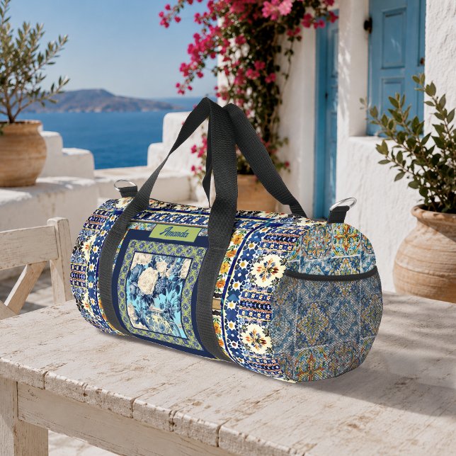 Elegant Blue Chinoiserie Floral Tile Monogram Duffle Bag (Creator Uploaded)