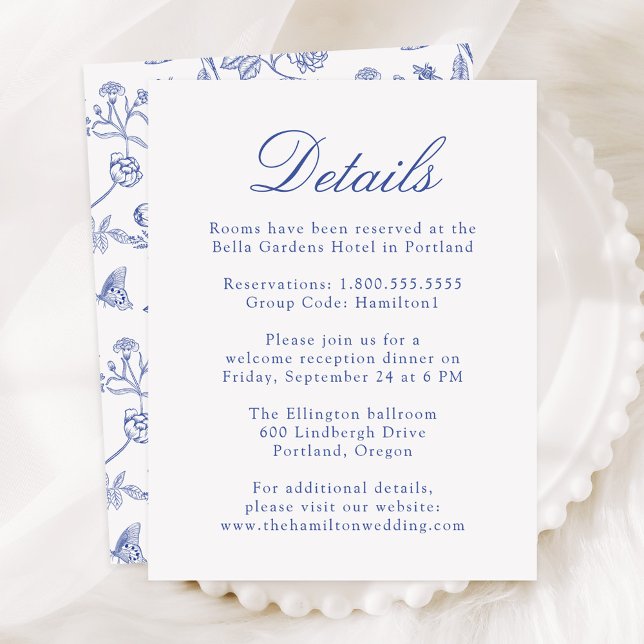 Elegant Blue Chinoiserie Floral Wedding Details Enclosure Card (Creator Uploaded)