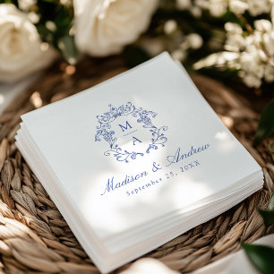 Elegant Blue Chinoiserie Monogram Crest Wedding Napkin