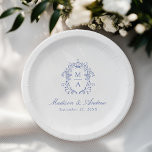 Elegant Blue Chinoiserie Monogram Crest Wedding Paper Plate<br><div class="desc">Add a personalised, romantic touch to your wedding reception, engagement party, couples shower, or rehearsal dinner with Elegant Blue Chinoiserie Victorian Floral paper plates. The elegant wedding paper plates feature an intricate blue chinoiserie crest surrounding the couple's monogram initials. Your names are displayed in a classic blue calligraphy script with...</div>