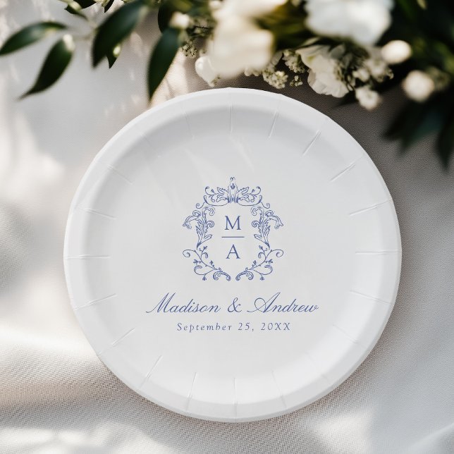 Elegant Blue Chinoiserie Monogram Crest Wedding Paper Plate (Creator Uploaded)