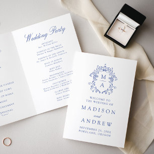 Elegant Blue Chinoiserie Monogram Crest Wedding Programme
