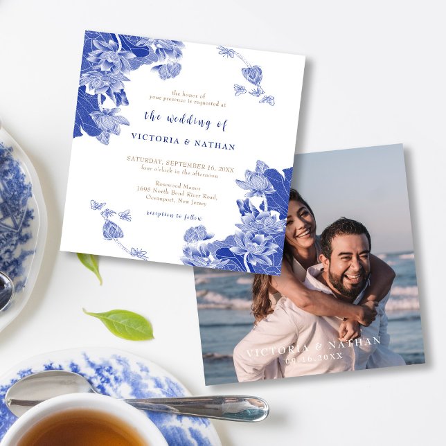 Elegant Blue Chinoiserie Photo Square Wedding  Invitation (Creator Uploaded)