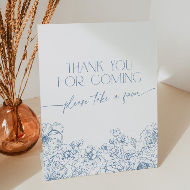 Elegant Blue Chinoiserie Thank You for Coming Pedestal Sign (Thank you for coming sign, please take a favor with dusty blue toile de jouy flowers)