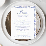 Elegant Blue Chinoiserie Victorian Floral Wedding Menu<br><div class="desc">Elevate your wedding reception with our Elegant Blue Chinoiserie Floral wedding menu. Designed with graceful blue calligraphy on a clean white background, this menu is fully customisable with your names, wedding date, and menu details. The reverse side features a gorgeous blue and white Chinoiserie floral pattern, adding a touch of...</div>
