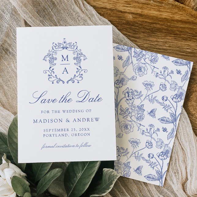 Elegant Blue Chinoiserie Victorian Floral Wedding Save The Date (Creator Uploaded)