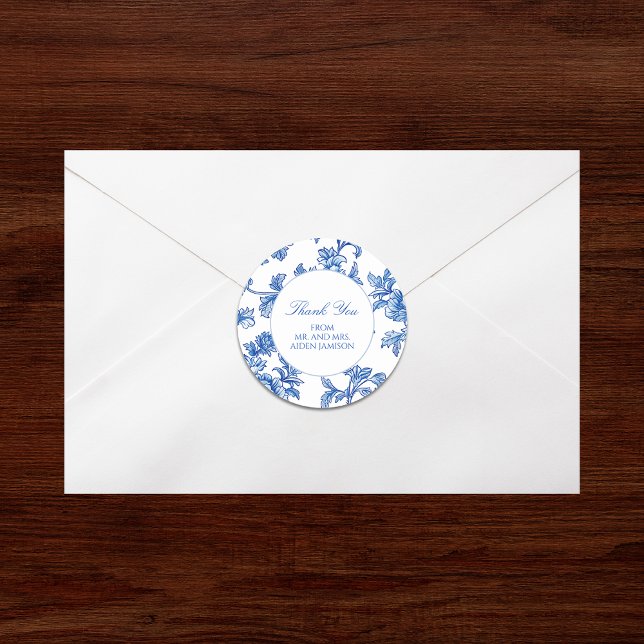 Elegant Blue Chinoiserie Wedding Favour  Classic Round Sticker (Creator Uploaded)