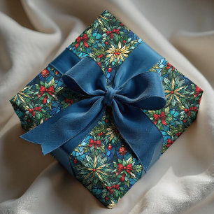 Elegant blue christmas coquette bow stained glass wrapping paper