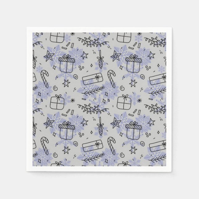 Elegant Blue Christmas Doodles Pattern Napkin (Front)