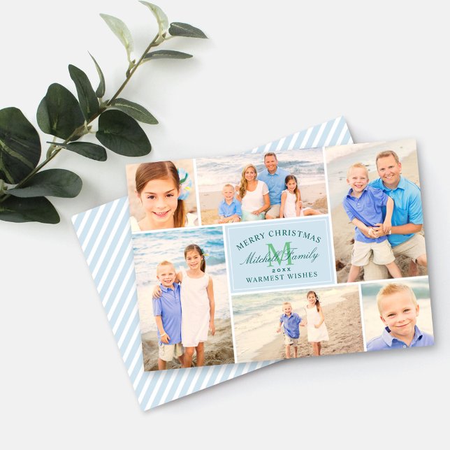Elegant Blue Christmas Monogram Photo Collage Holiday Card (Creator Uploaded)