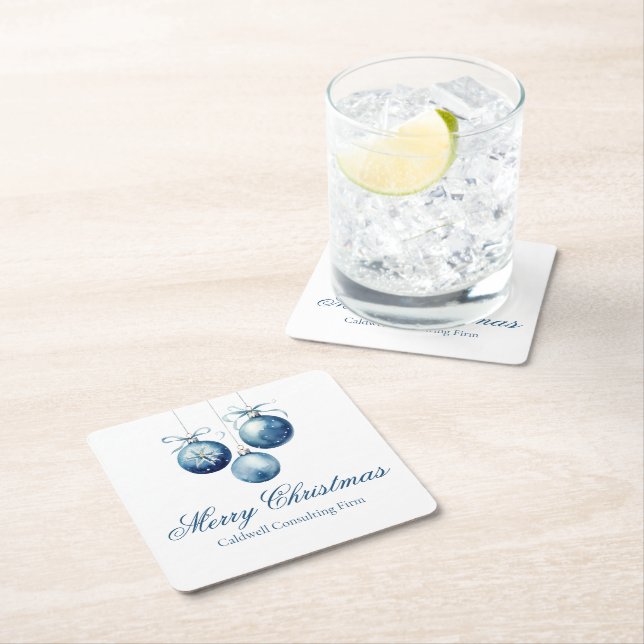 Elegant Blue Christmas Ornaments Company Party Square Paper Coaster (Insitu)