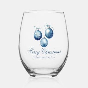 Elegant Blue Christmas Ornaments Company Party Stemless Wine Glass
