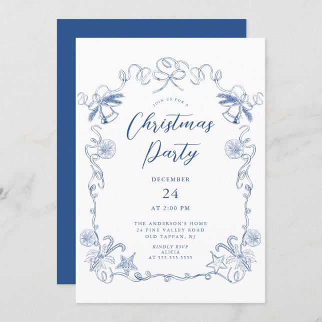 Elegant Blue Christmas Party Invitation (Front/Back)