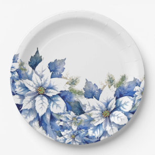 Elegant Blue Christmas Poinsettia Paper Plate
