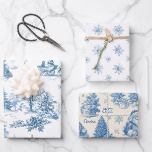 Elegant Blue Christmas Toile Wrapping Paper Set