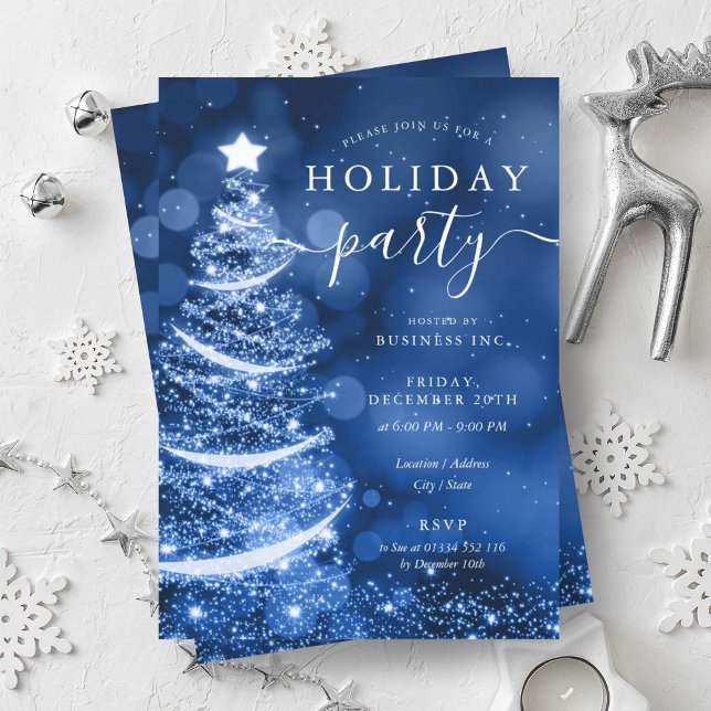 Elegant Blue Christmas Tree Company Holiday  Invitation (Elegant Blue Christmas Tree Company Holiday Invitation)