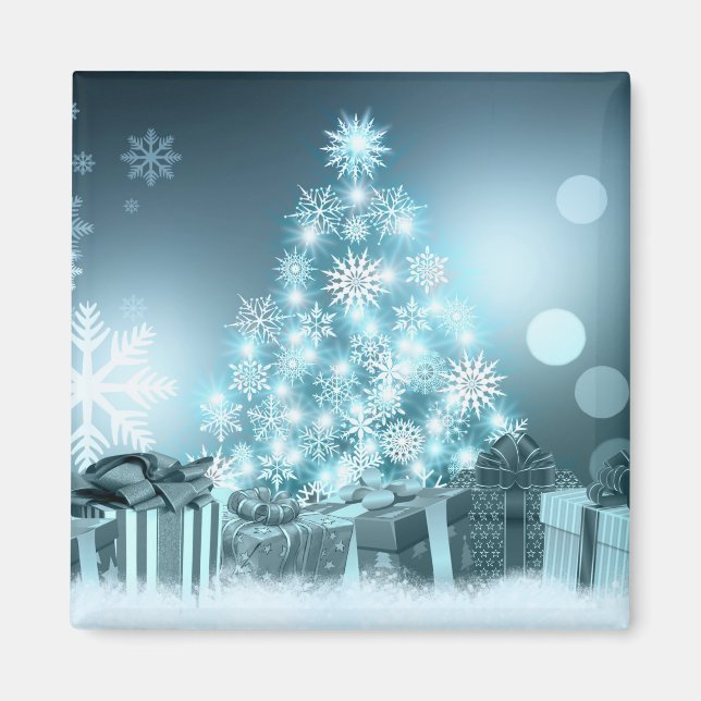 Elegant Blue Christmas Tree Holiday Gifts Magnet (Front)