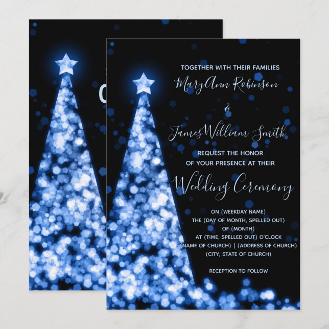 Elegant Blue Christmas Tree Holiday Wedding Invitation (Front/Back)