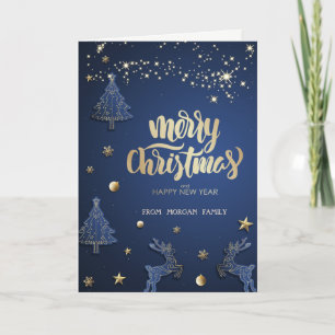 Elegant Blue Christmas Tree,Reindeer Holiday Card