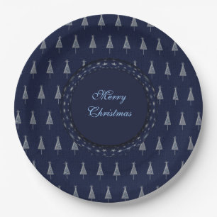 Elegant Blue Christmas Trees and Stars Paper Plate