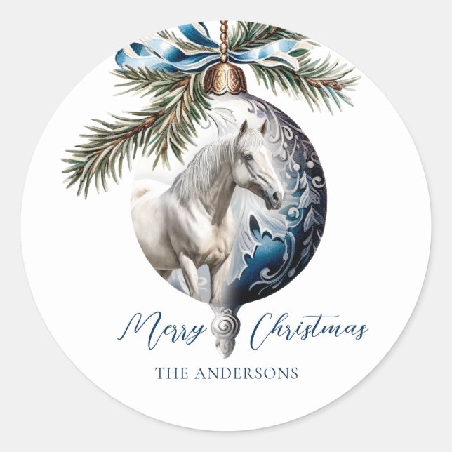 Elegant blue Christmas white horse equestrian Classic Round Sticker (Front)