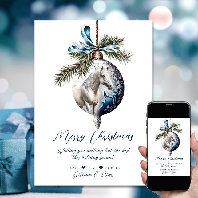 Elegant blue Christmas white horse equestrian Holiday Card (Elegant blue Christmas white horse equestrian Holiday Card)