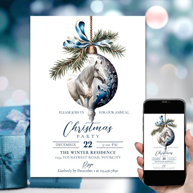 Elegant blue Christmas white horse equestrian Invitation (Elegant blue Christmas white horse equestrian Invitation)