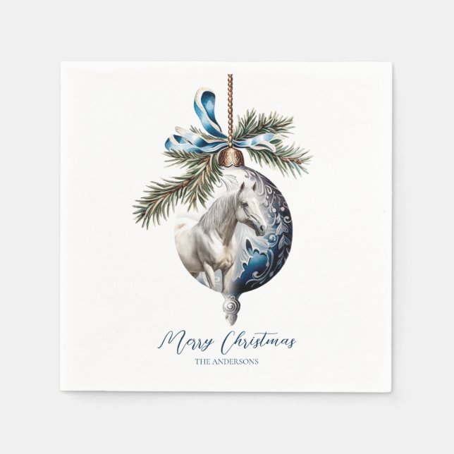Elegant blue Christmas white horse equestrian Napkin (Front)