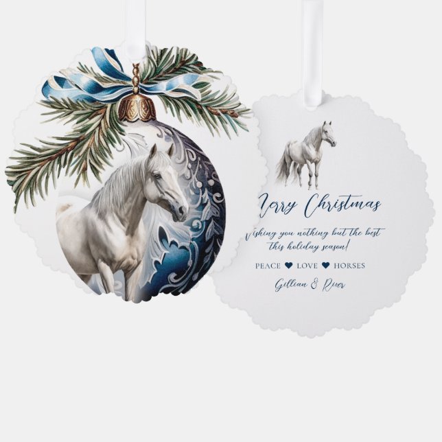 Elegant blue Christmas white horse equestrian Tree Decoration Card (Front/Back)