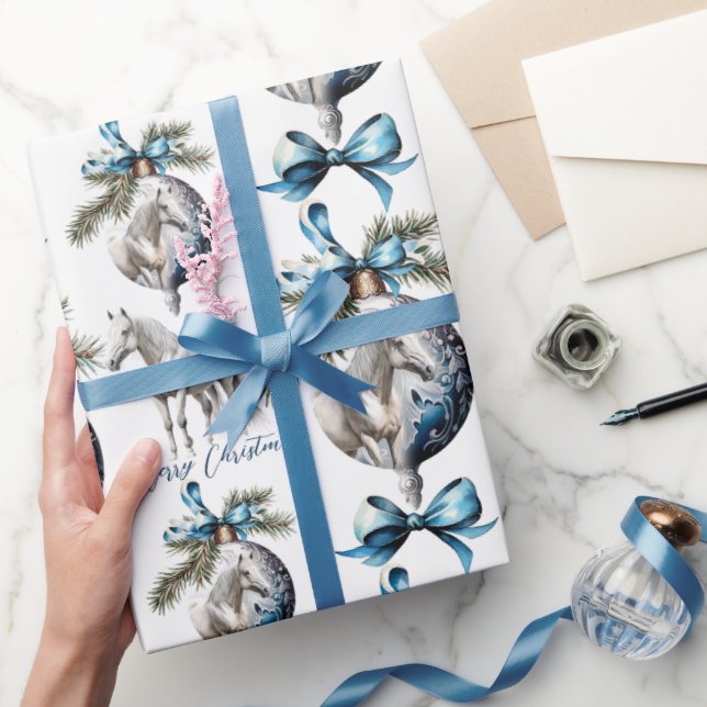 Elegant blue Christmas white horse equestrian Wrapping Paper (Gifting)