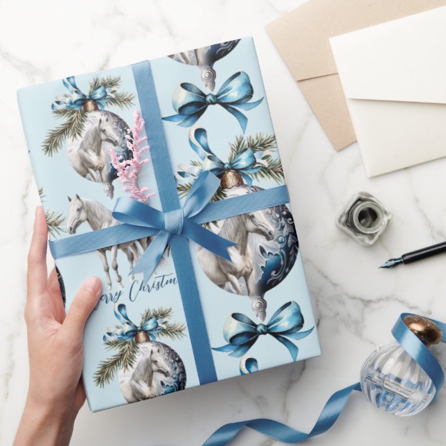 Elegant blue Christmas white horse equestrian Wrapping Paper (Gifting)
