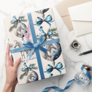 Elegant blue Christmas white horse equestrian Wrapping Paper