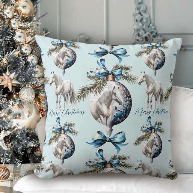 Elegant blue Christmas white horse pattern Cushion (Elegant blue Christmas white horse pattern Throw Pillow)