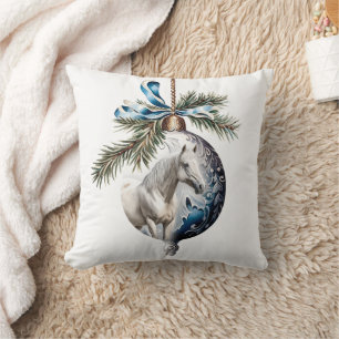 Elegant blue Christmas white horse quote Cushion