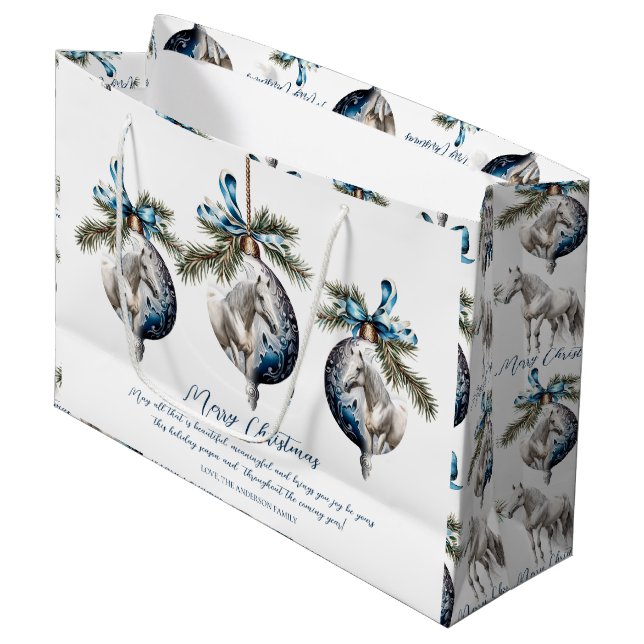 Elegant blue Christmas white horse quote Large Gift Bag (Front Angled)