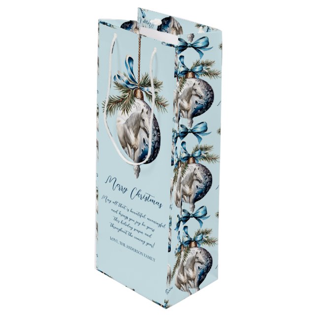 Elegant blue Christmas white horse quote Wine Gift Bag (Front Angled)