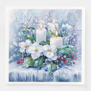Elegant Blue Christmas White Poinsettia Candles Napkin