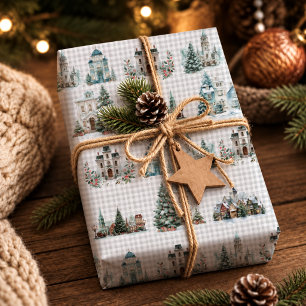 Elegant Blue Christmas Winter Houses Pattern Wrapping Paper