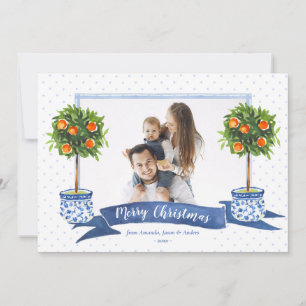 Elegant Blue Citrus Chinoiserie Christmas Photo Holiday Card
