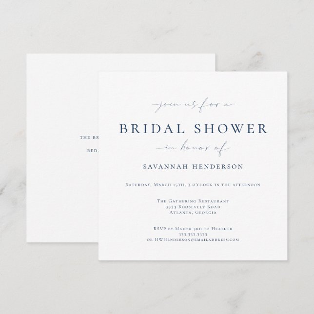 Elegant Blue Classic Bridal Shower Invitation (Front/Back)