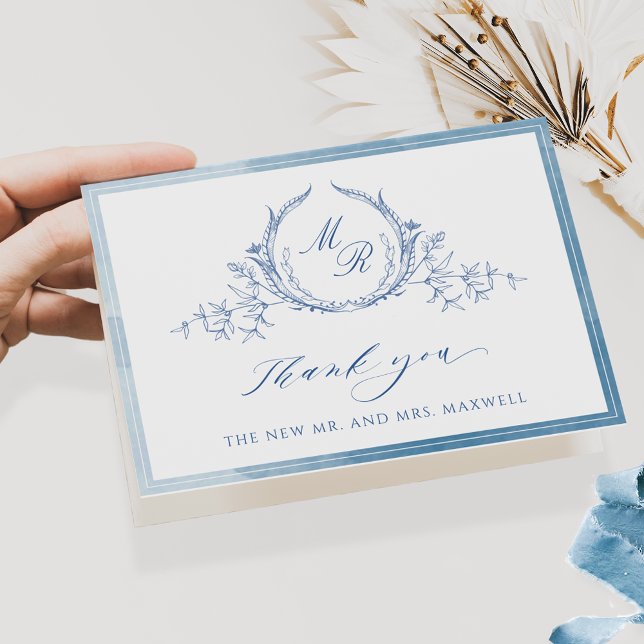 Elegant Blue Classic Monogram, Watercolor Wedding Thank You Card (Creator Uploaded)