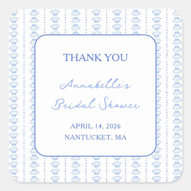 Elegant Blue Coastal Chic Bridal Shower Thank You Square Sticker (Front)