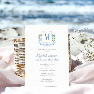 Elegant Blue Coastal Monogram Baby Shower For Boy Invitation